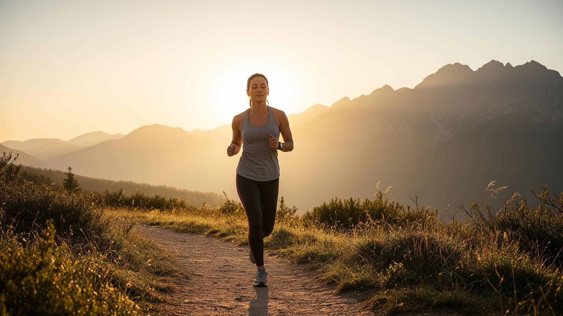 Person jogging on scenic trail at sunrise