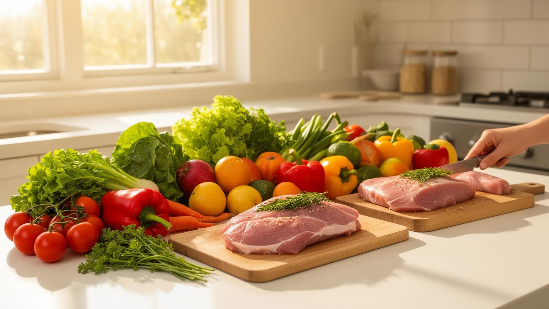 Fresh healthy meal preparation with colorful vegetables and proteins